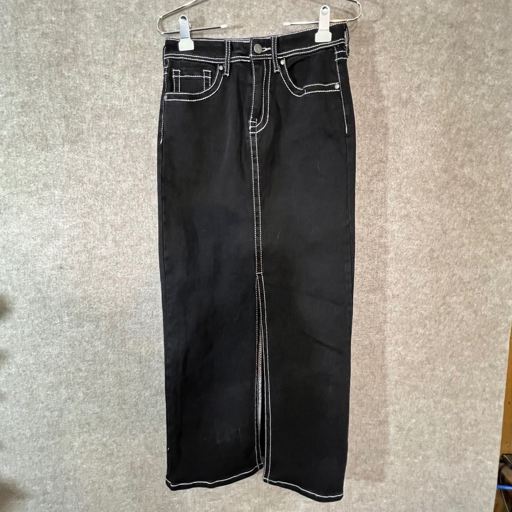 PTCL Denim Maxi Skirt Womens 27 Contrast Stitch Black High Rise Slit Grunge Goth